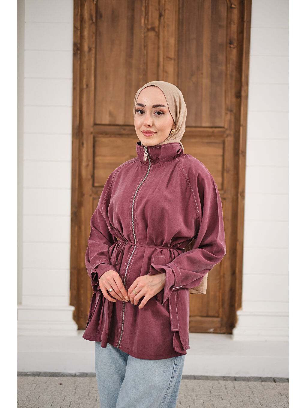 Kadın Gold Fermuar Detay Dikiş İzli Ceket Mürdüm-4