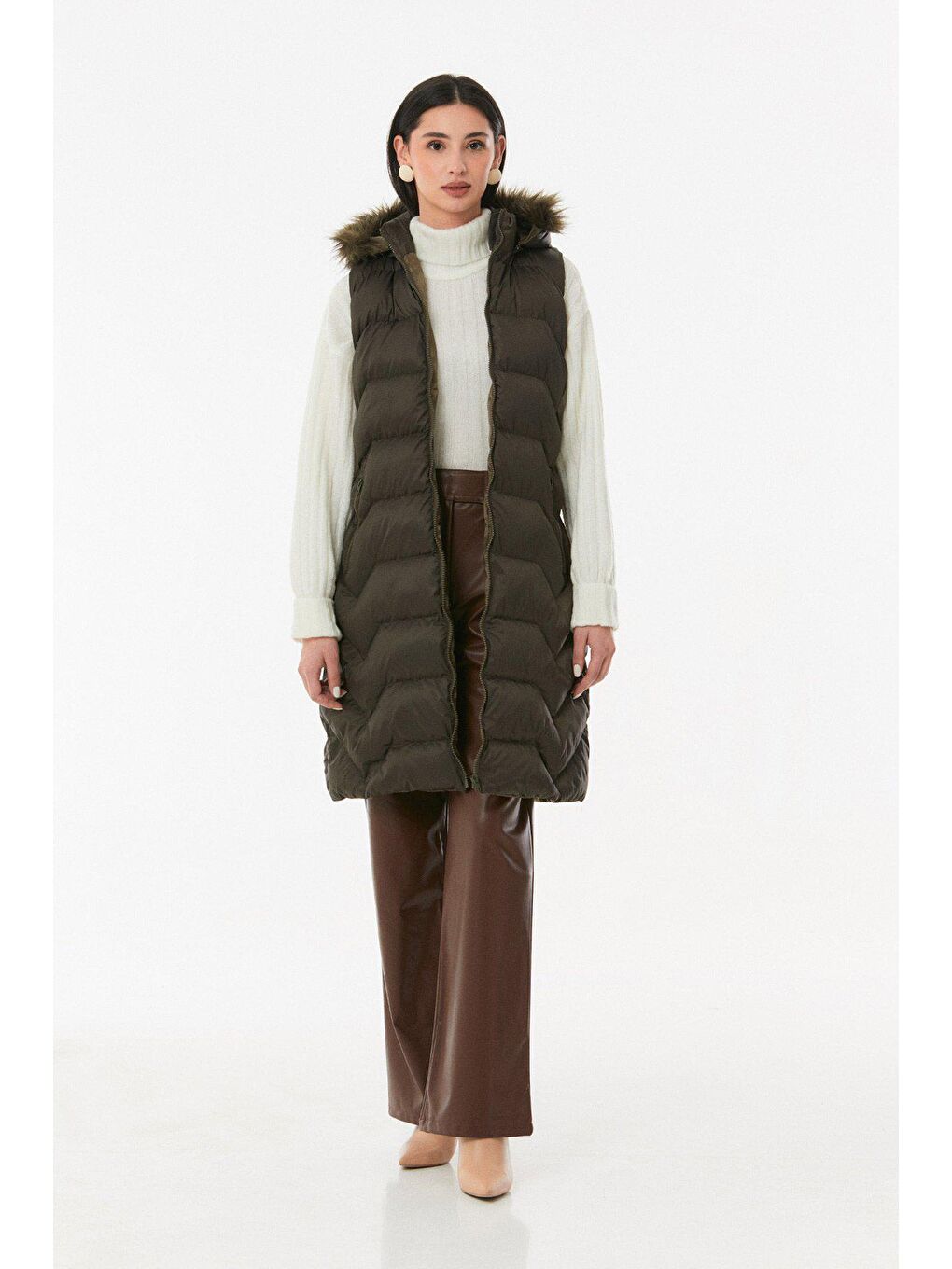 Haki Cebi Fermuarlı  Kapüşonlu Yelek