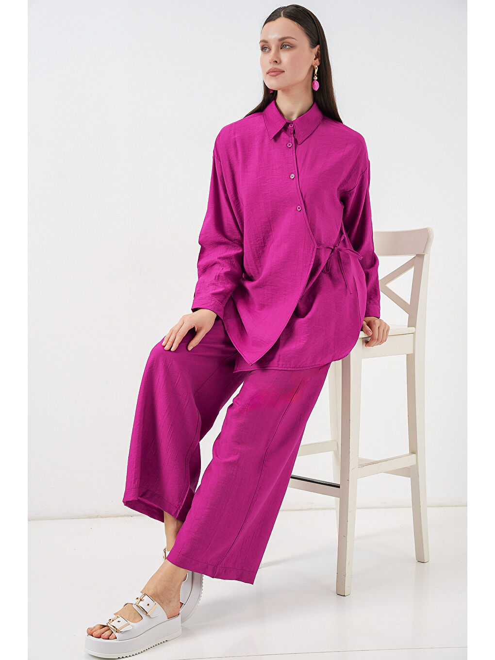 Kadın Bağcıklı Tunik Pantolon İkili Takım 6752 - Fuşya-1