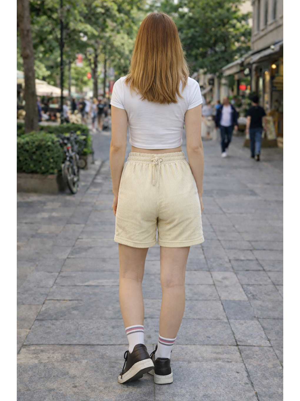 Kadın Trend Premium Comfort Çizgili Sarı Şort-2