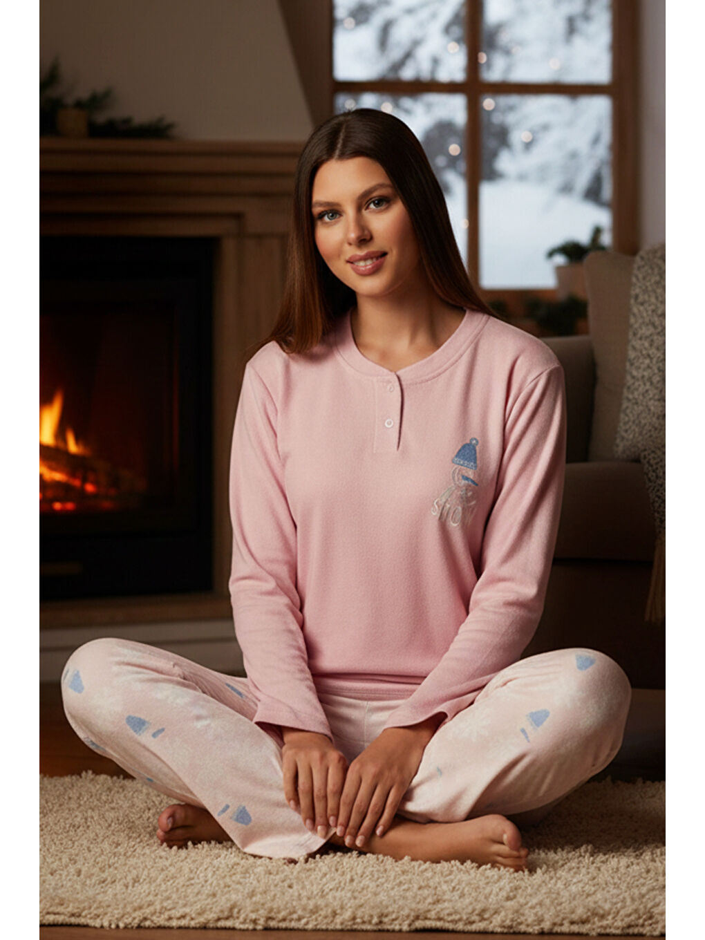 Pembe Kadın Termal Uzun Kol Pijama Takımı 4707 Pudra-3