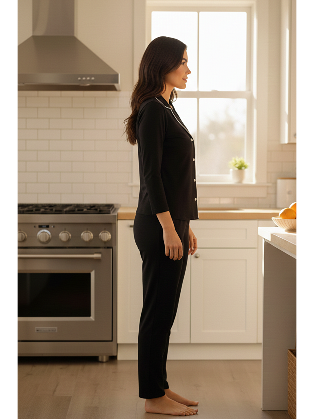 Kadın Pamuklu Süprem Önden Düğmeli Biyeli Pijama Takımı | Siyah 137-1