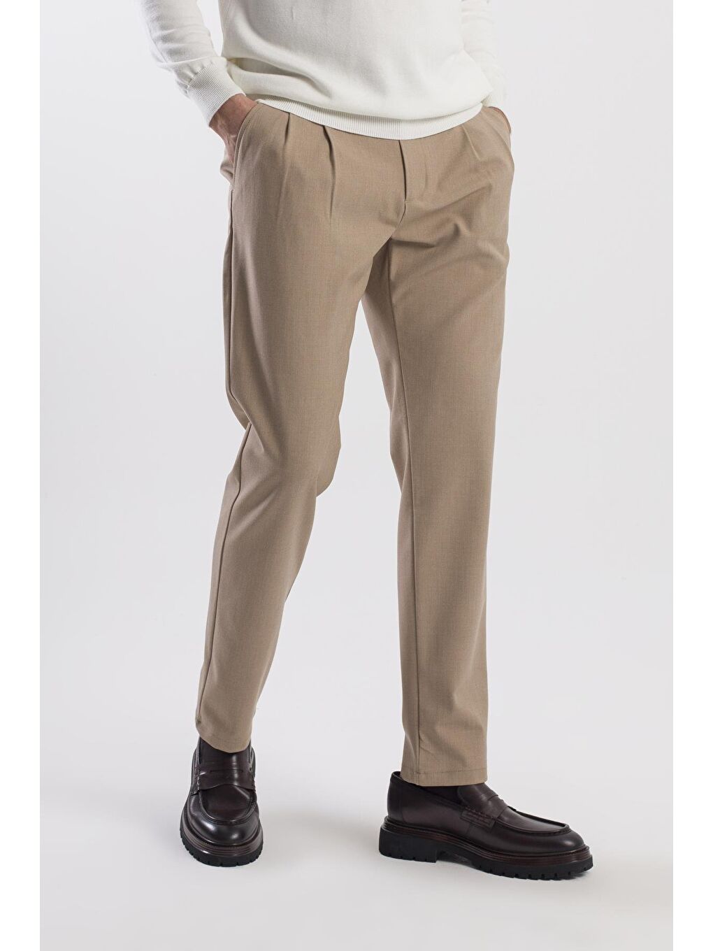 Bej Vizon Comfort Fit Çift Cep Kapaklı Pileli Yan Cep Pantolon-2