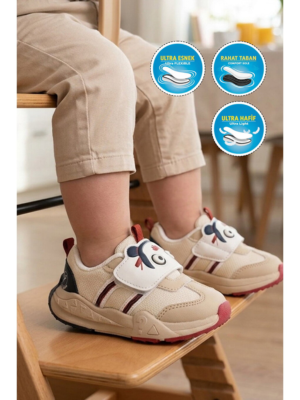 Bej Kum Cırtlı Desenli Anatomik Bebek İlk Adım Spor Ayakkabı Sneaker Orion İa-2