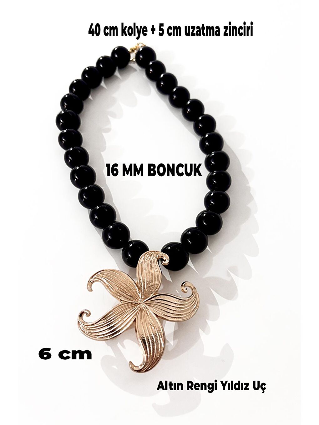 Siyah Deniz Yıldızı Uçlu Büyük Boncuklu Kolye-3