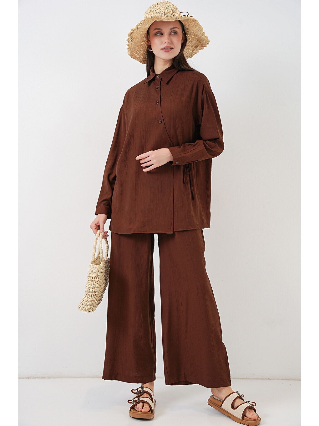 Kadın Bağcıklı Tunik Pantolon İkili Takım 6752 - Kahverengi-2