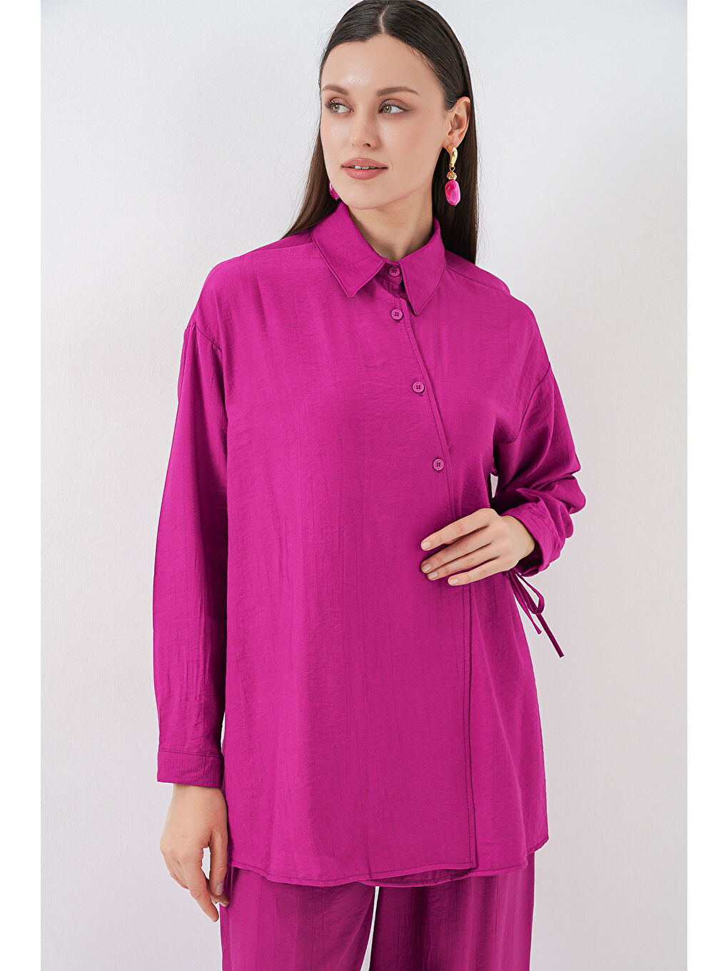 Kadın Bağcıklı Tunik Pantolon İkili Takım 6752 - Fuşya-2