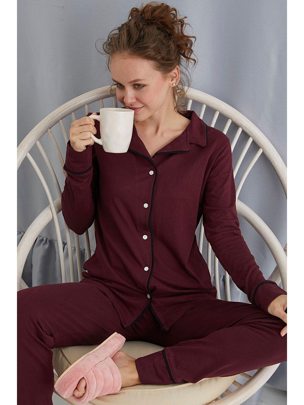 Mürdüm Düğmeli Pijama Takım