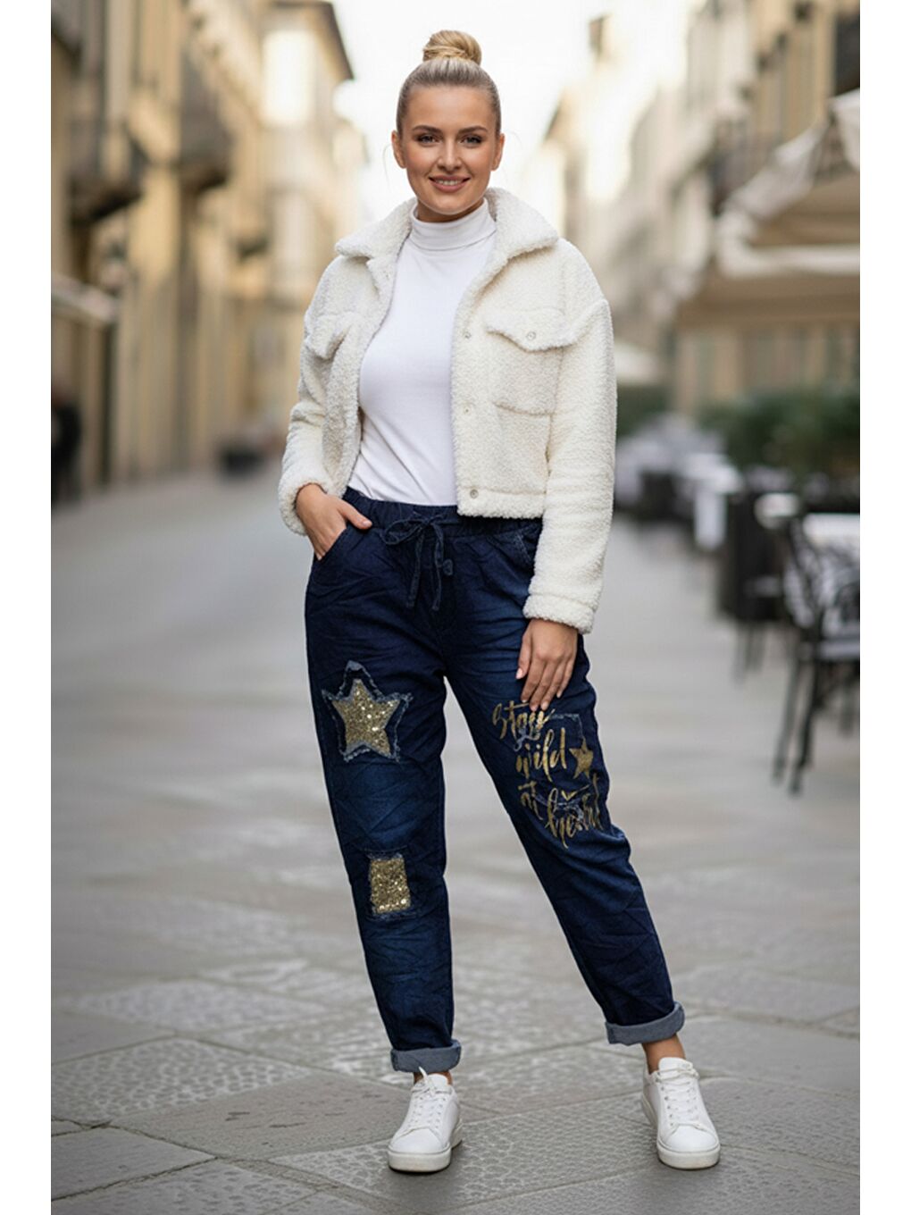 İtalyan Jean Mavisi Cepli Varak Baskılı Lastikli Ve Bağlamalı Bel Elastan Denim Pantolon 100 55-1