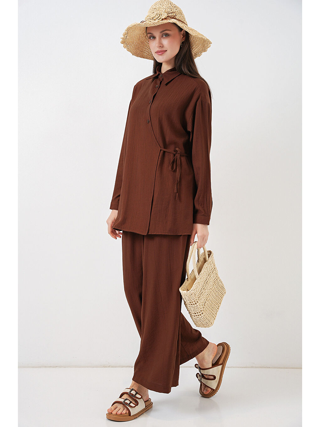 Kadın Bağcıklı Tunik Pantolon İkili Takım 6752 - Kahverengi-3