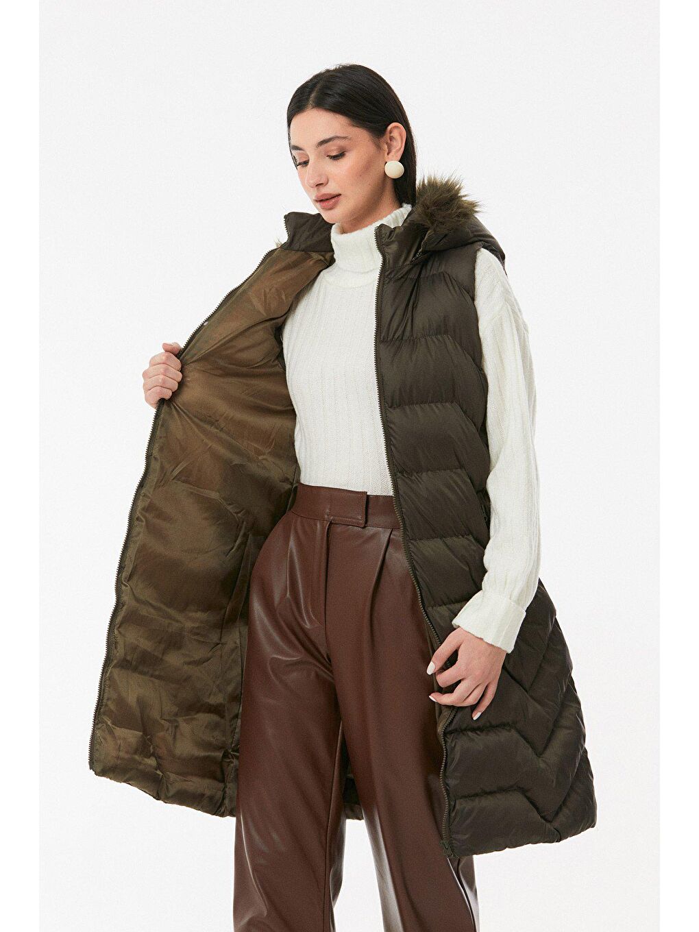 Haki Cebi Fermuarlı  Kapüşonlu Yelek-1