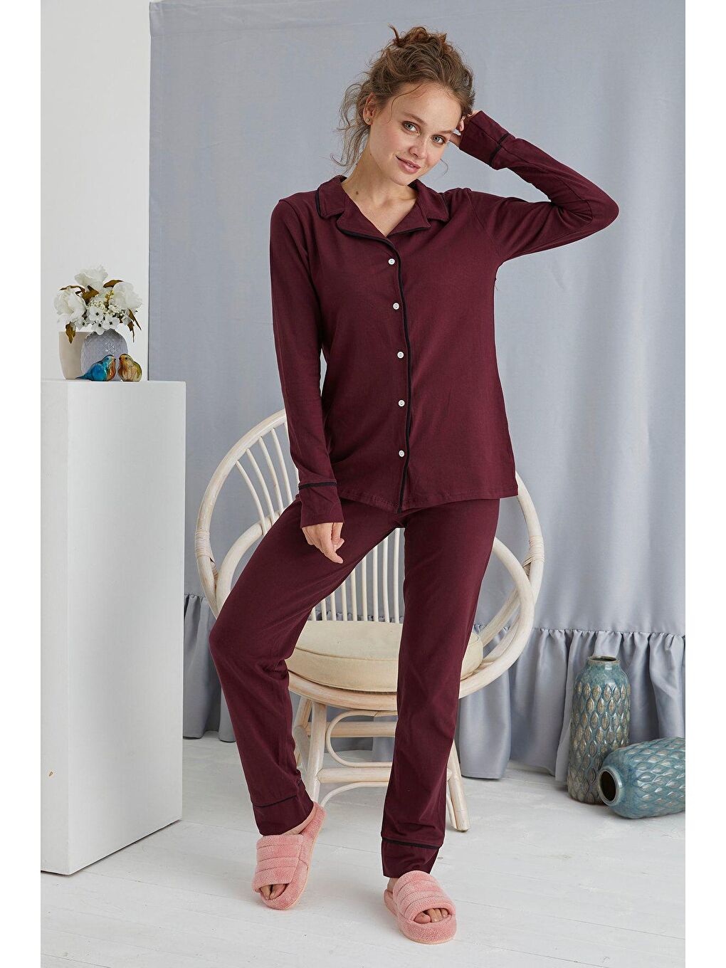 Mürdüm Düğmeli Pijama Takım-1