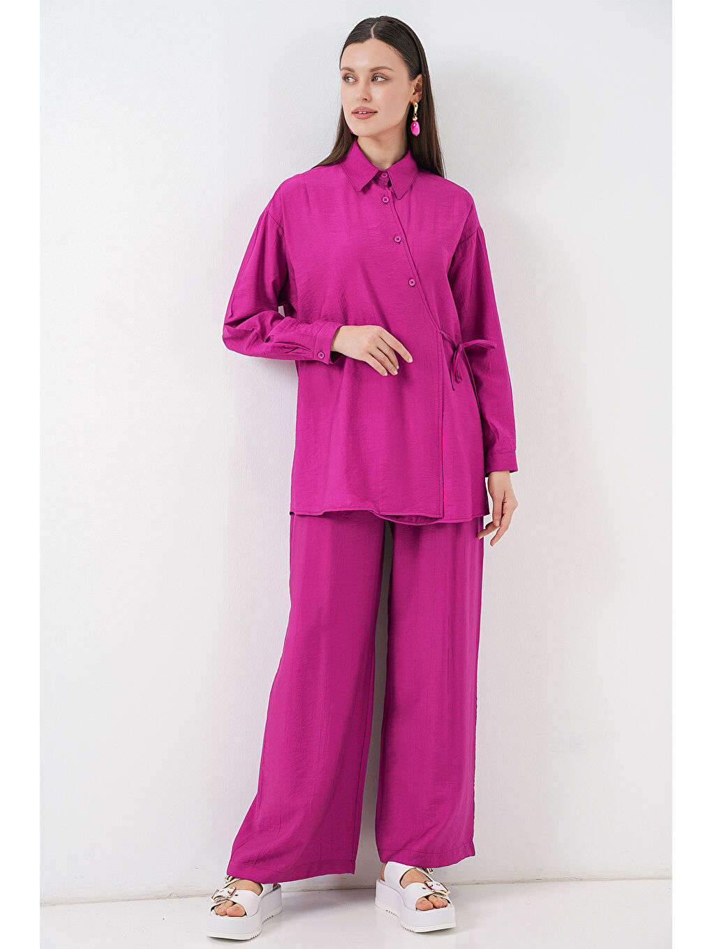 Kadın Bağcıklı Tunik Pantolon İkili Takım 6752 - Fuşya-3