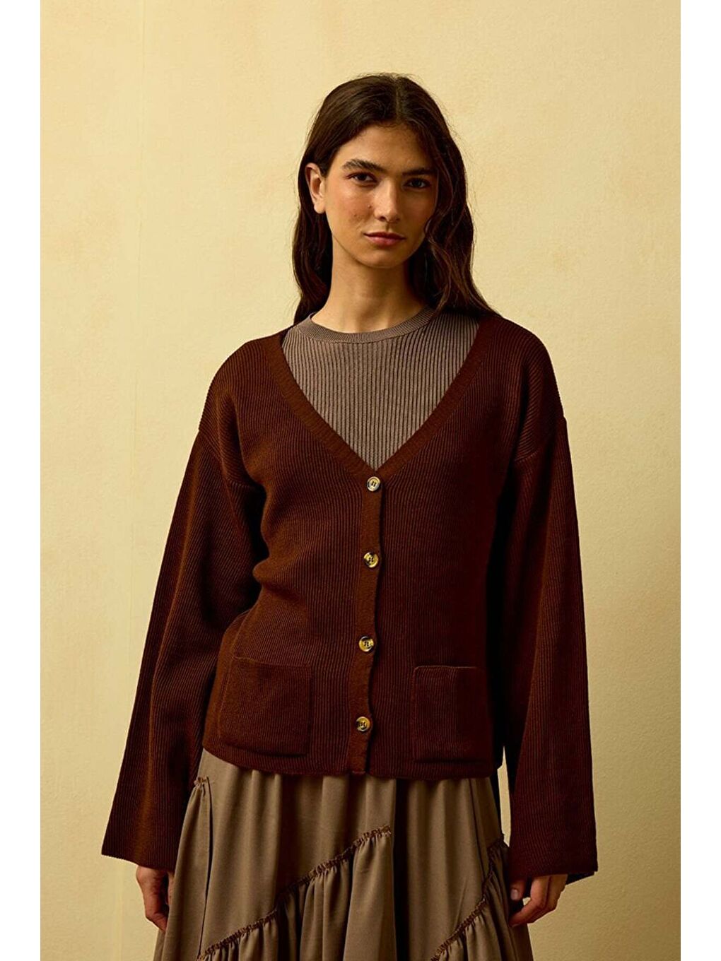 Kahverengi Acı Kahve İspanyol Kol Triko Hırka