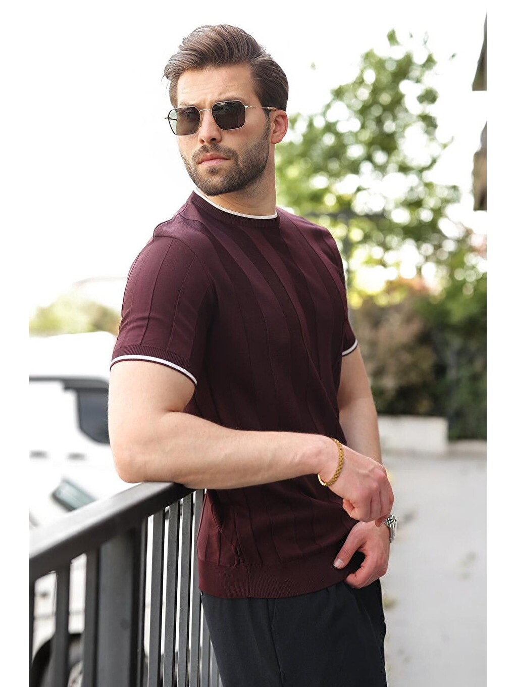 Mürdüm Bisiklet Yaka Regular Fit Triko Erkek Tişört E7487-1