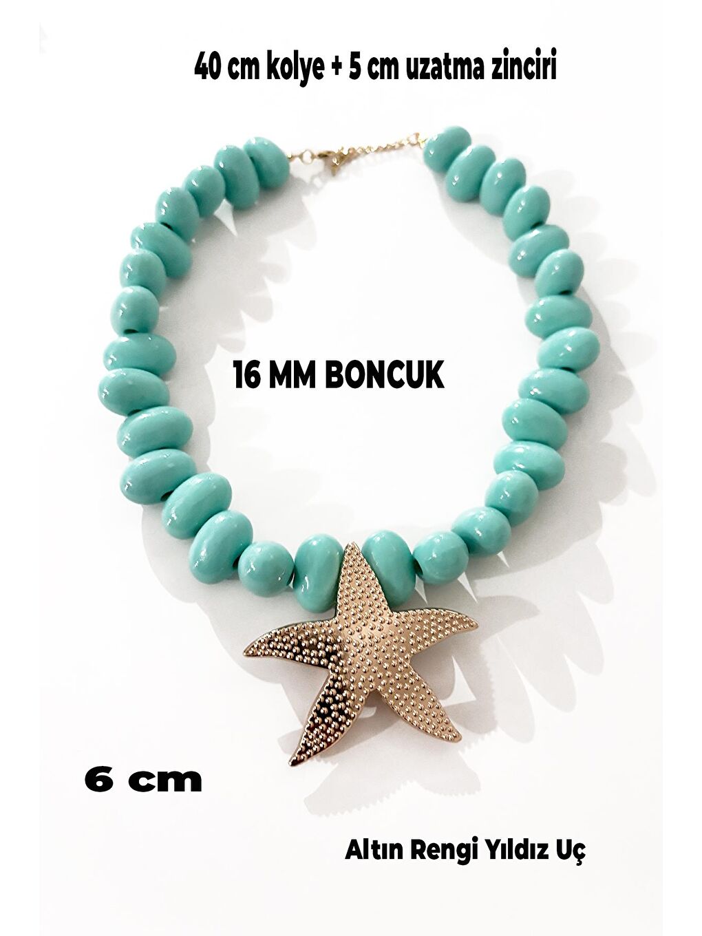 Turkuaz Deniz Yıldızı Uçlu Büyük Boncuklu Kolye-2