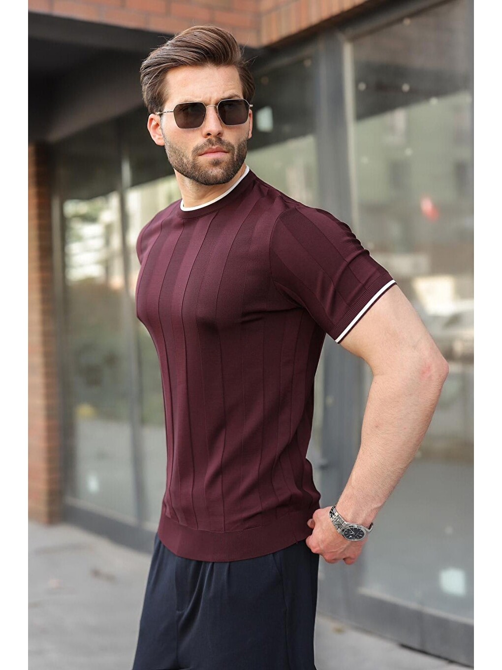 Mürdüm Bisiklet Yaka Regular Fit Triko Erkek Tişört E7487-2
