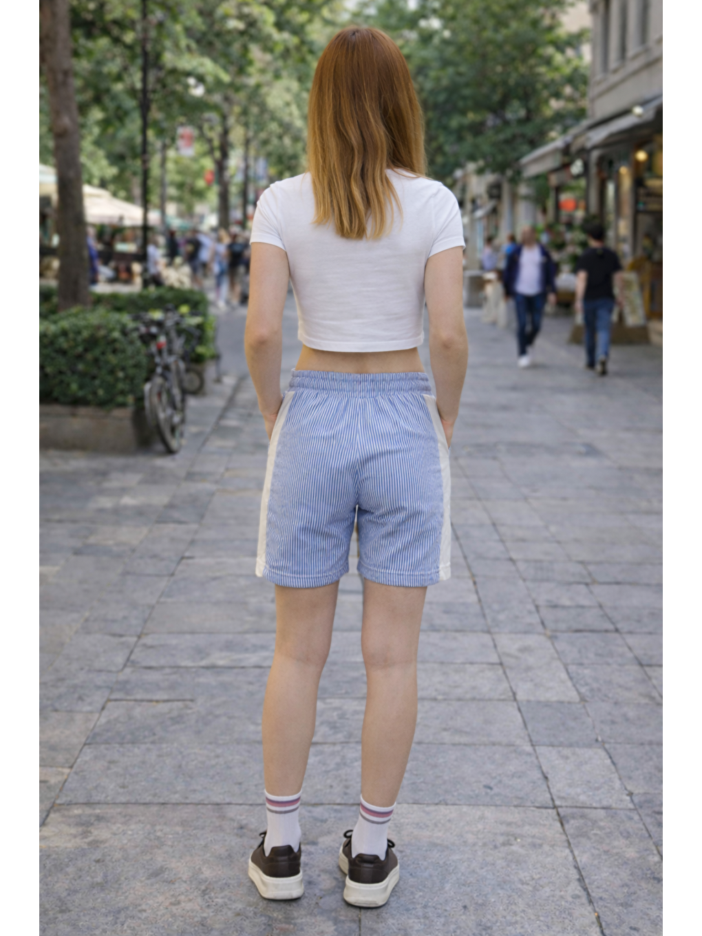 Kadın Trend Premium Comfort Çizgili Mavi Şort-2