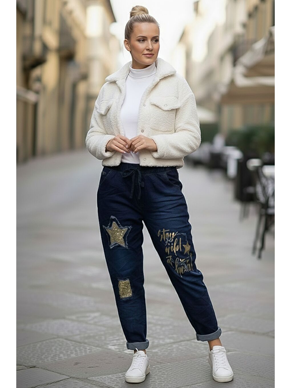 İtalyan Jean Mavisi Cepli Varak Baskılı Lastikli Ve Bağlamalı Bel Elastan Denim Pantolon 100 55-3