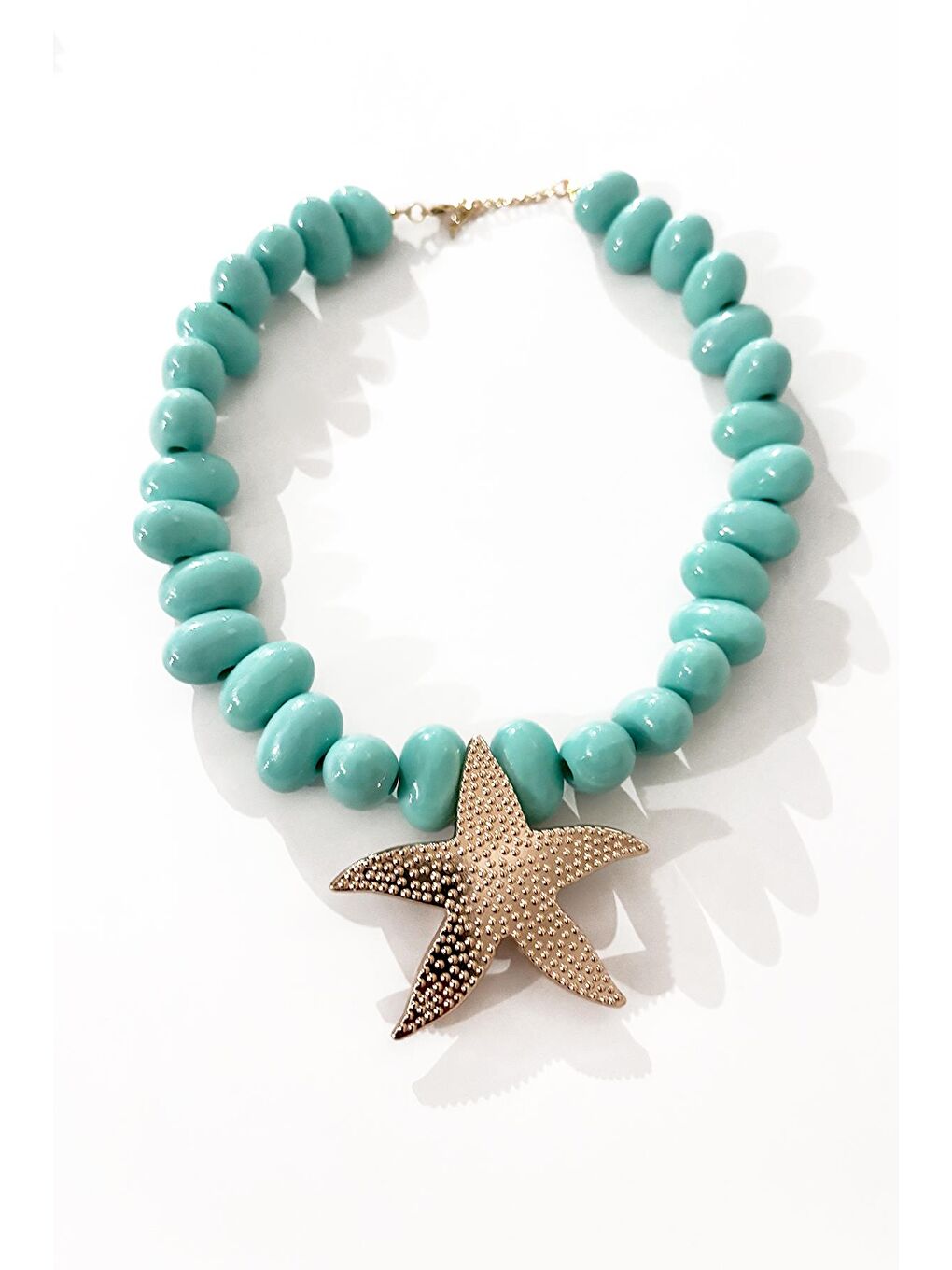 Turkuaz Deniz Yıldızı Uçlu Büyük Boncuklu Kolye-3