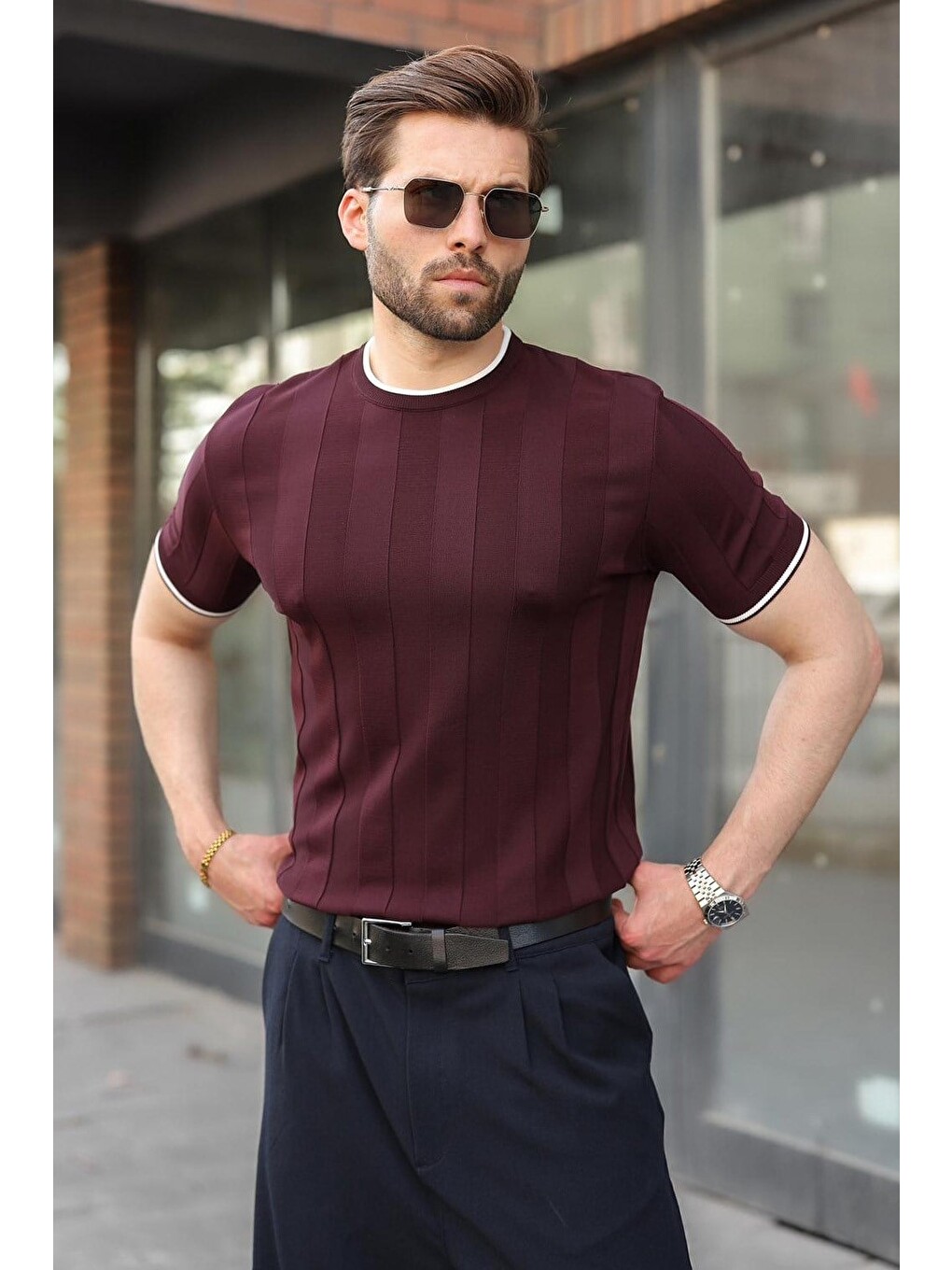 Mürdüm Bisiklet Yaka Regular Fit Triko Erkek Tişört E7487-5