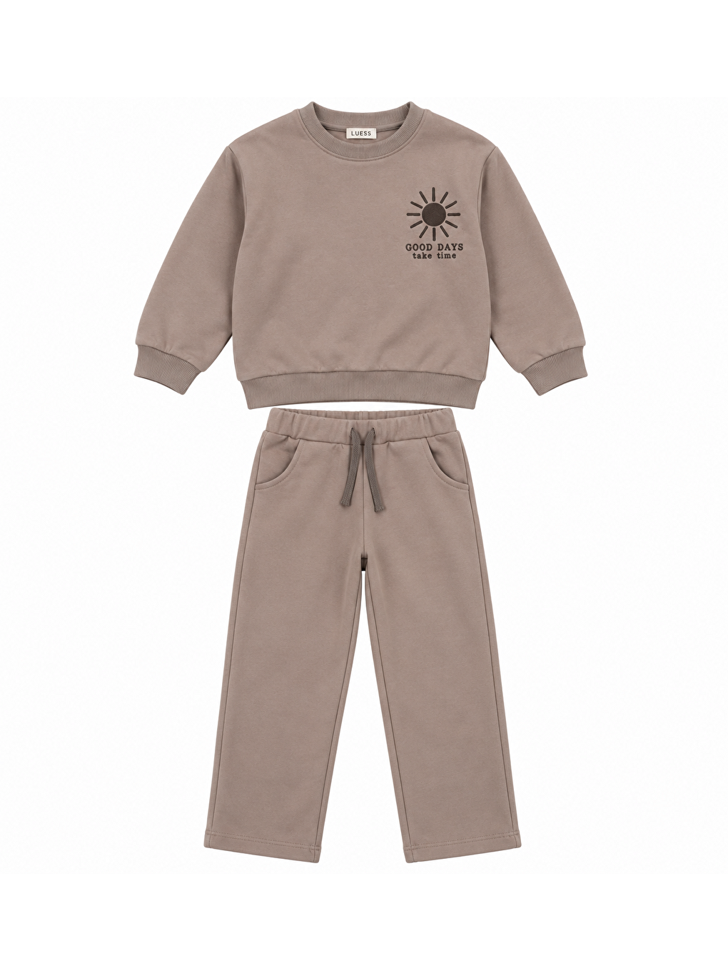 Kahverengi Erkek Çocuk Sweatshirt Pantolon Eşofman Takımı 3 İplik Şardonsuz - Vizon-1