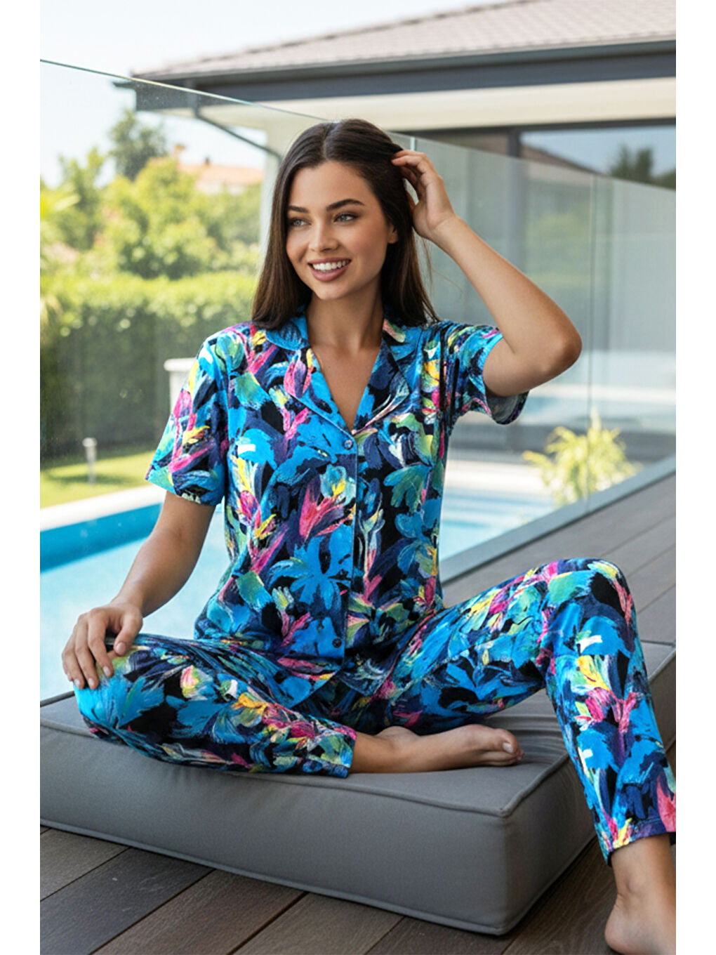 Mavi Kadın Desenli Kısa Kol Elastanlı Viskon Pijama Takımı 0299 Saks-1