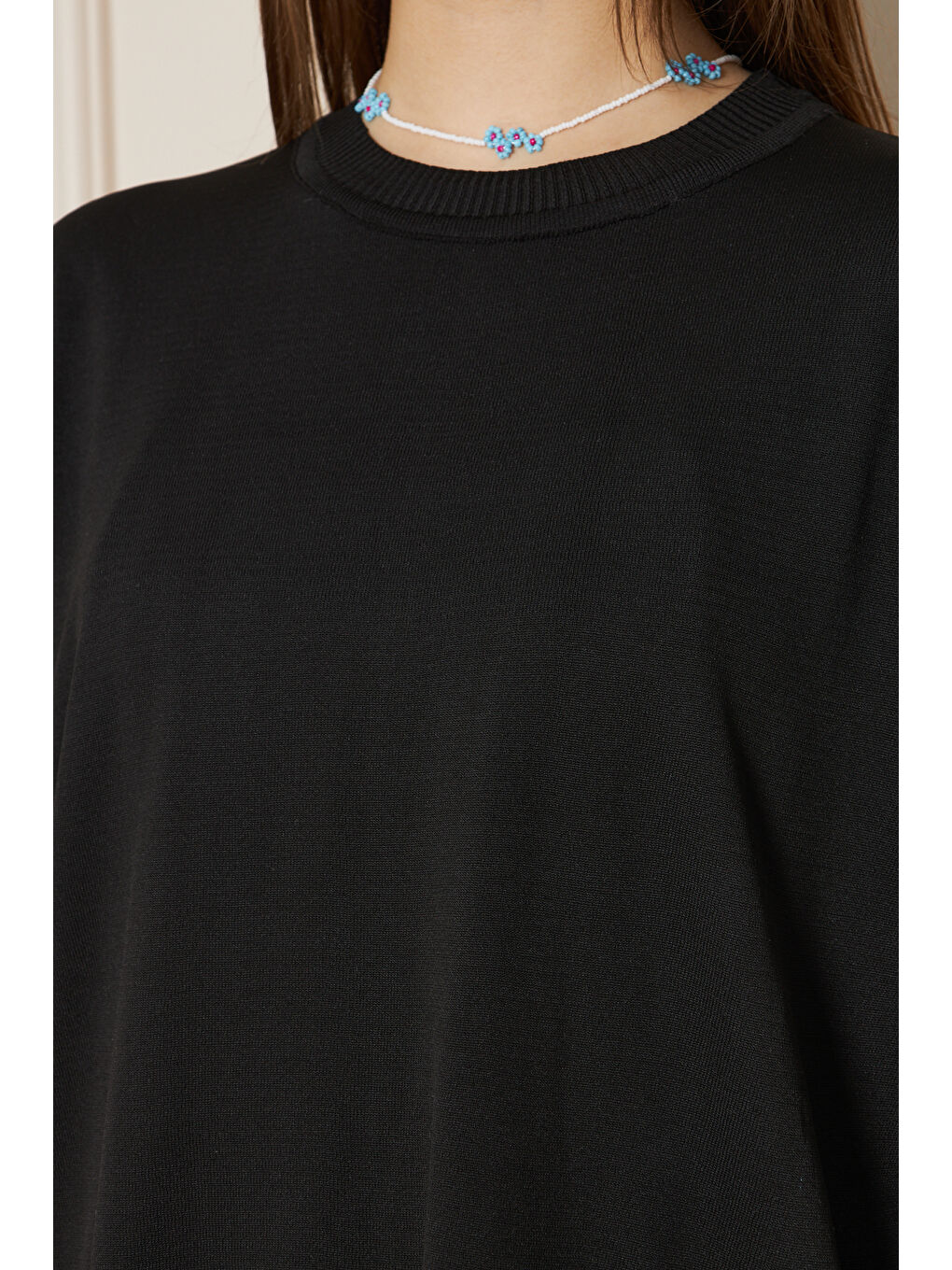 Kadın Bisiklet Yaka Yırtmaçlı Oversize Siyah Triko Kazak-3