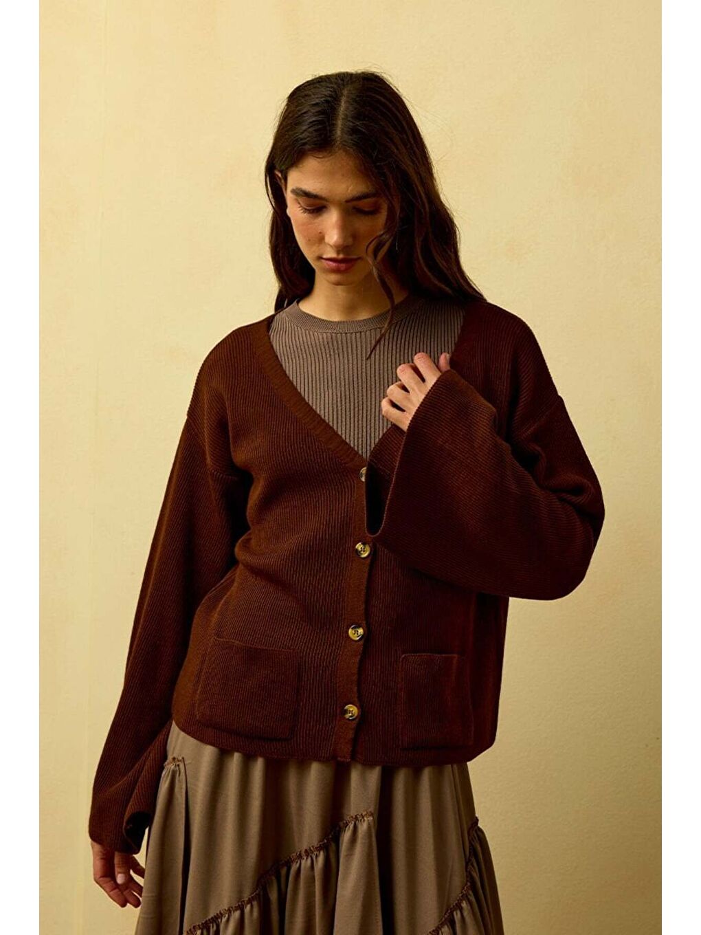 Kahverengi Acı Kahve İspanyol Kol Triko Hırka-1