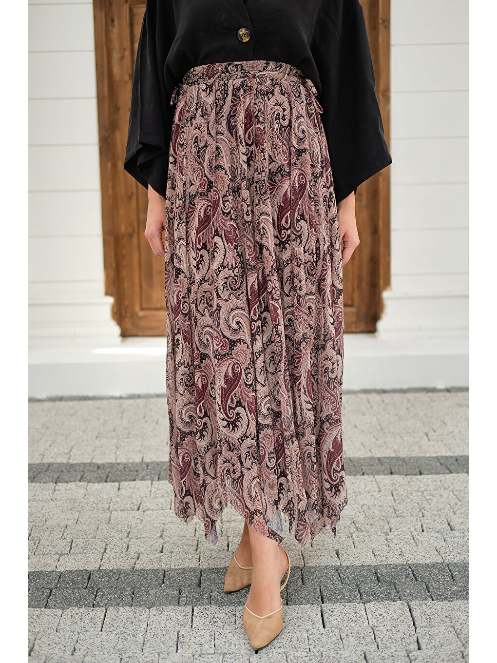 Kadın Asimetrik Kesim Etnik Desenli Şifon Etek Mürdüm