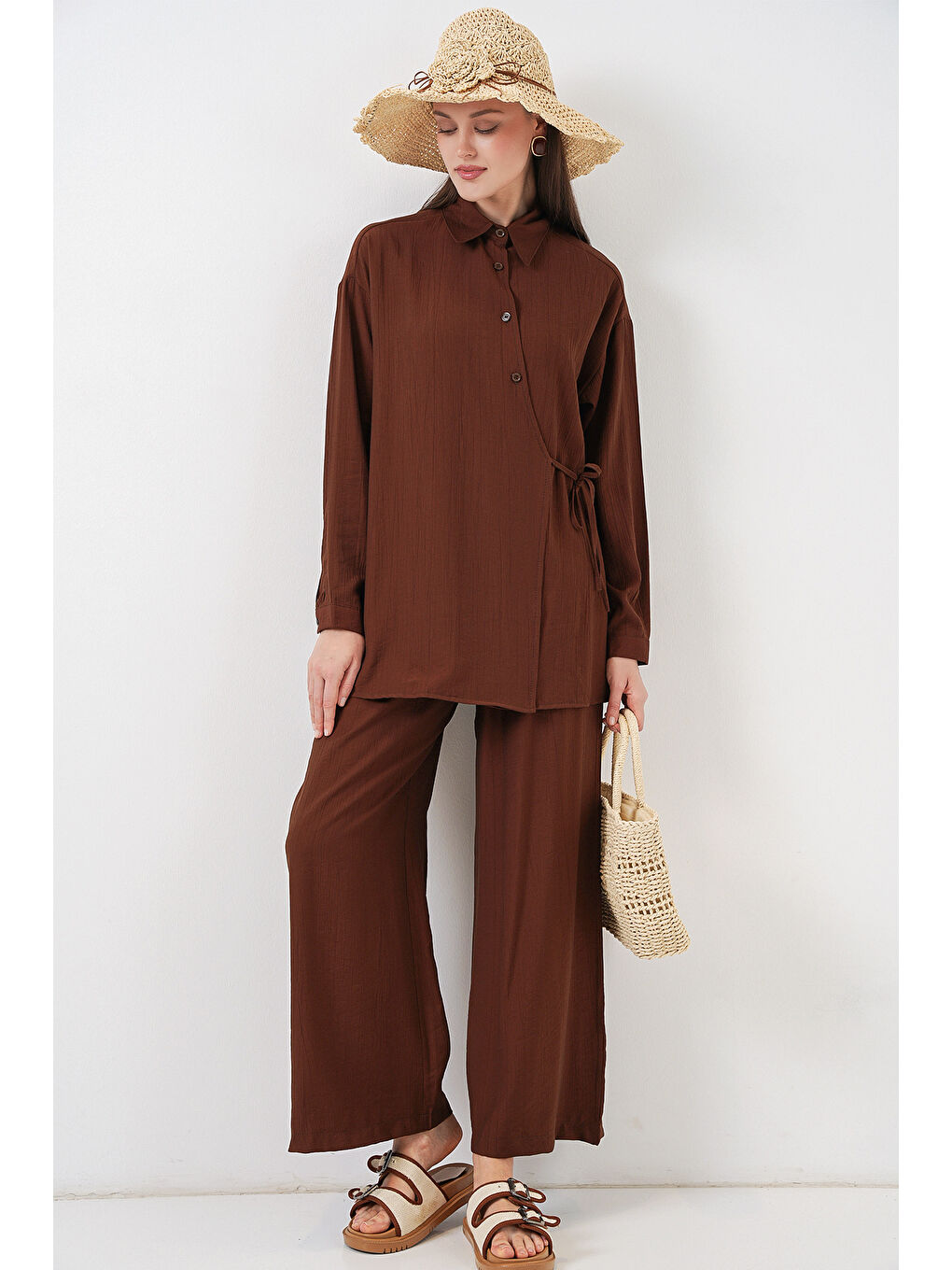 Kadın Bağcıklı Tunik Pantolon İkili Takım 6752 - Kahverengi-5