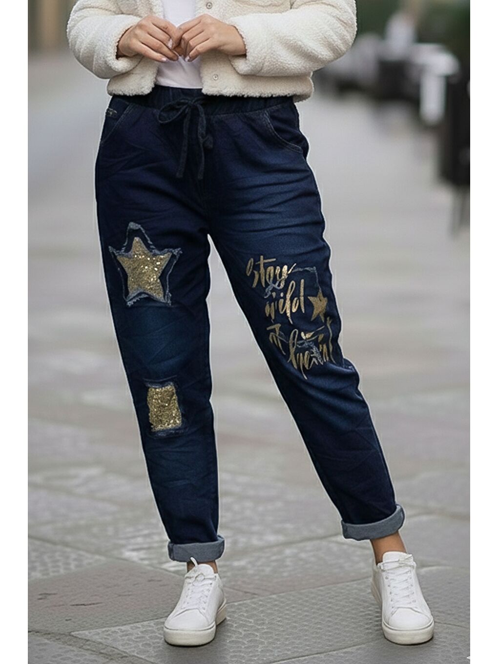 İtalyan Jean Mavisi Cepli Varak Baskılı Lastikli Ve Bağlamalı Bel Elastan Denim Pantolon 100 55-4