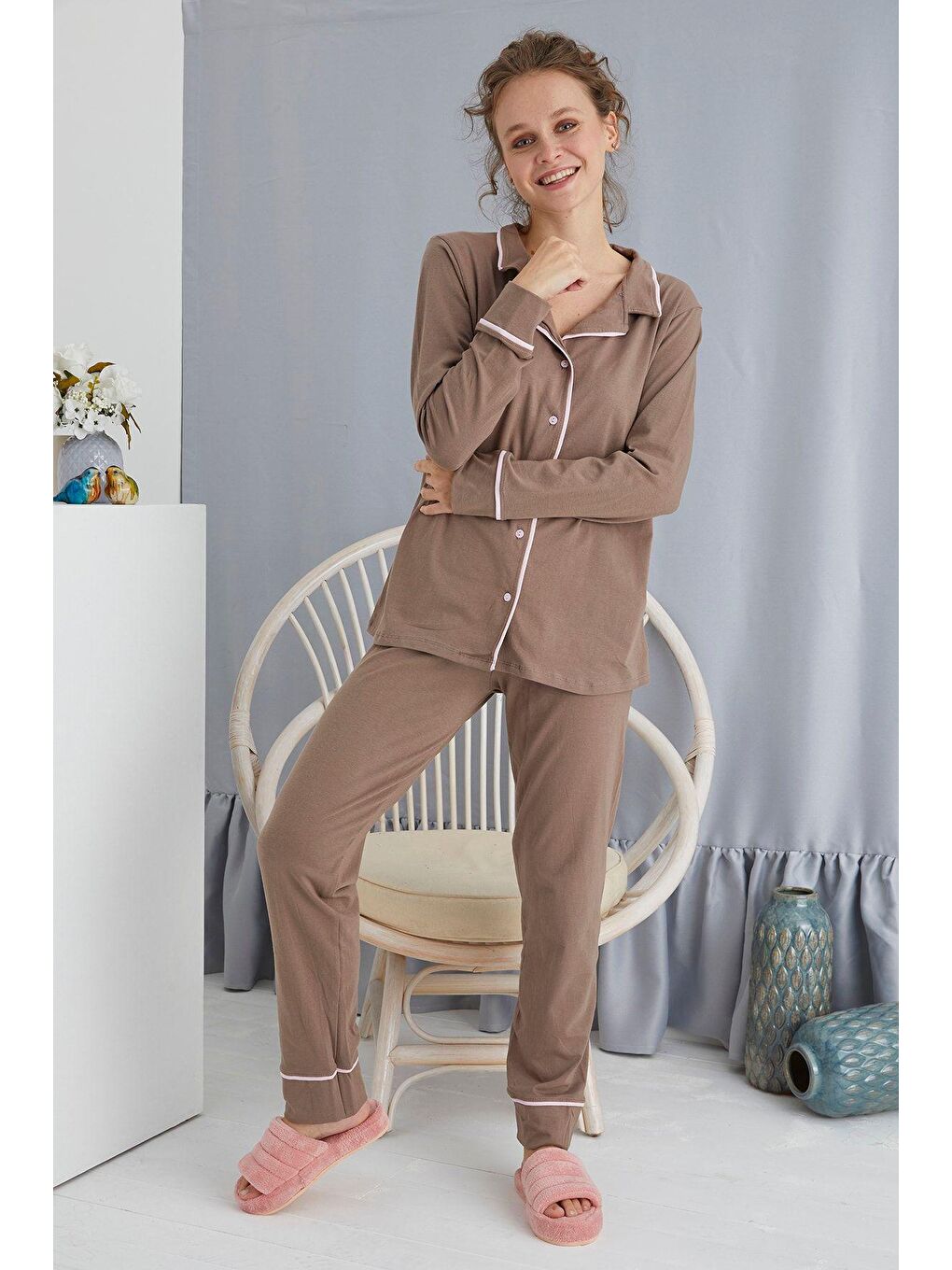 Bej Düğmeli Pijama Takım-2