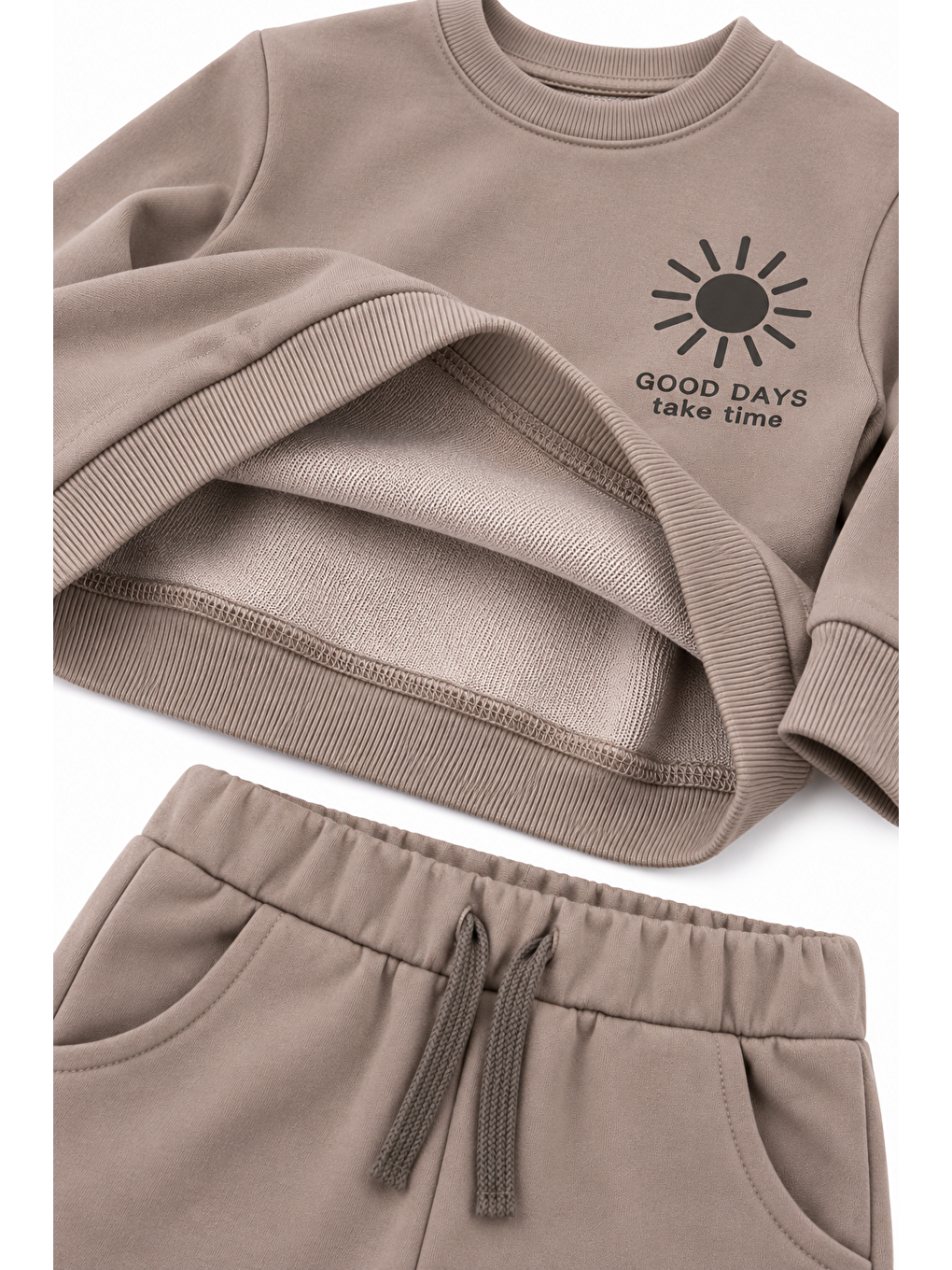 Kahverengi Erkek Çocuk Sweatshirt Pantolon Eşofman Takımı 3 İplik Şardonsuz - Vizon-3
