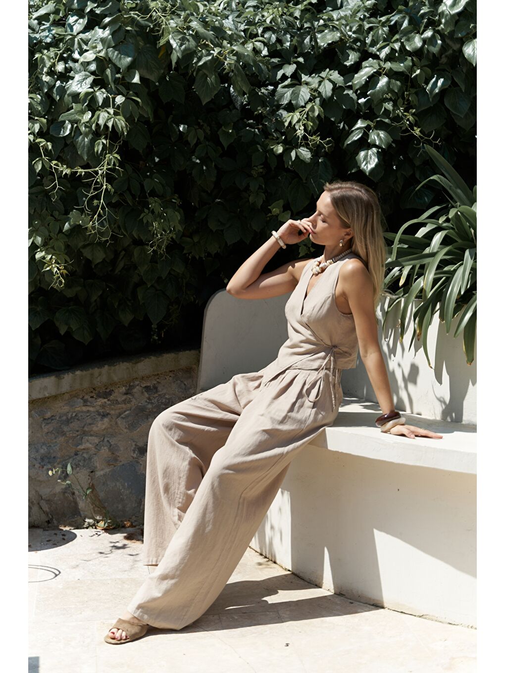 Moibel Bağcık Detay Bej Crop Pantolon Takım-1