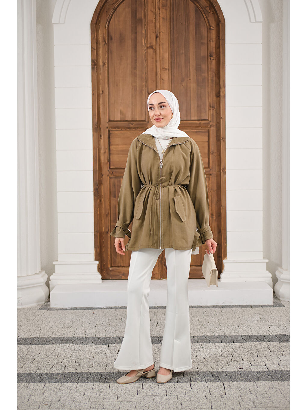 Kadın Gold Fermuar Detay Dikiş İzli Ceket Yağ Yeşil-1