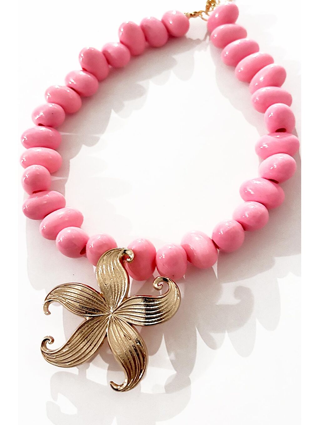 Pembe Deniz Yıldızı Uçlu Büyük Boncuklu Kolye-1