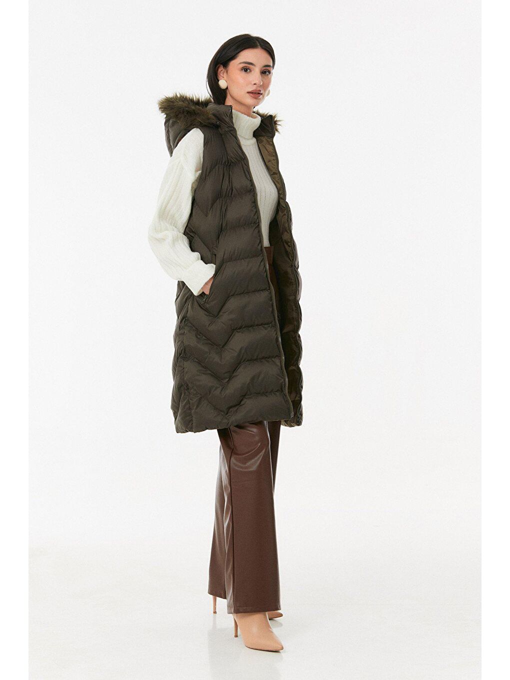 Haki Cebi Fermuarlı  Kapüşonlu Yelek-2