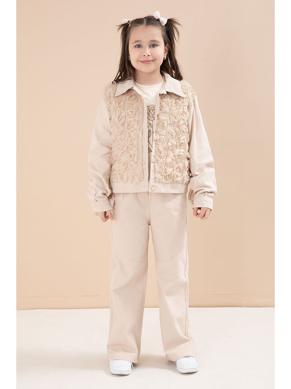 Ekru Krem Önü Gül İşlemeli Ceketli Kız Çocuk Pantolonlu 3lü Alt Üst Takım 23606-2