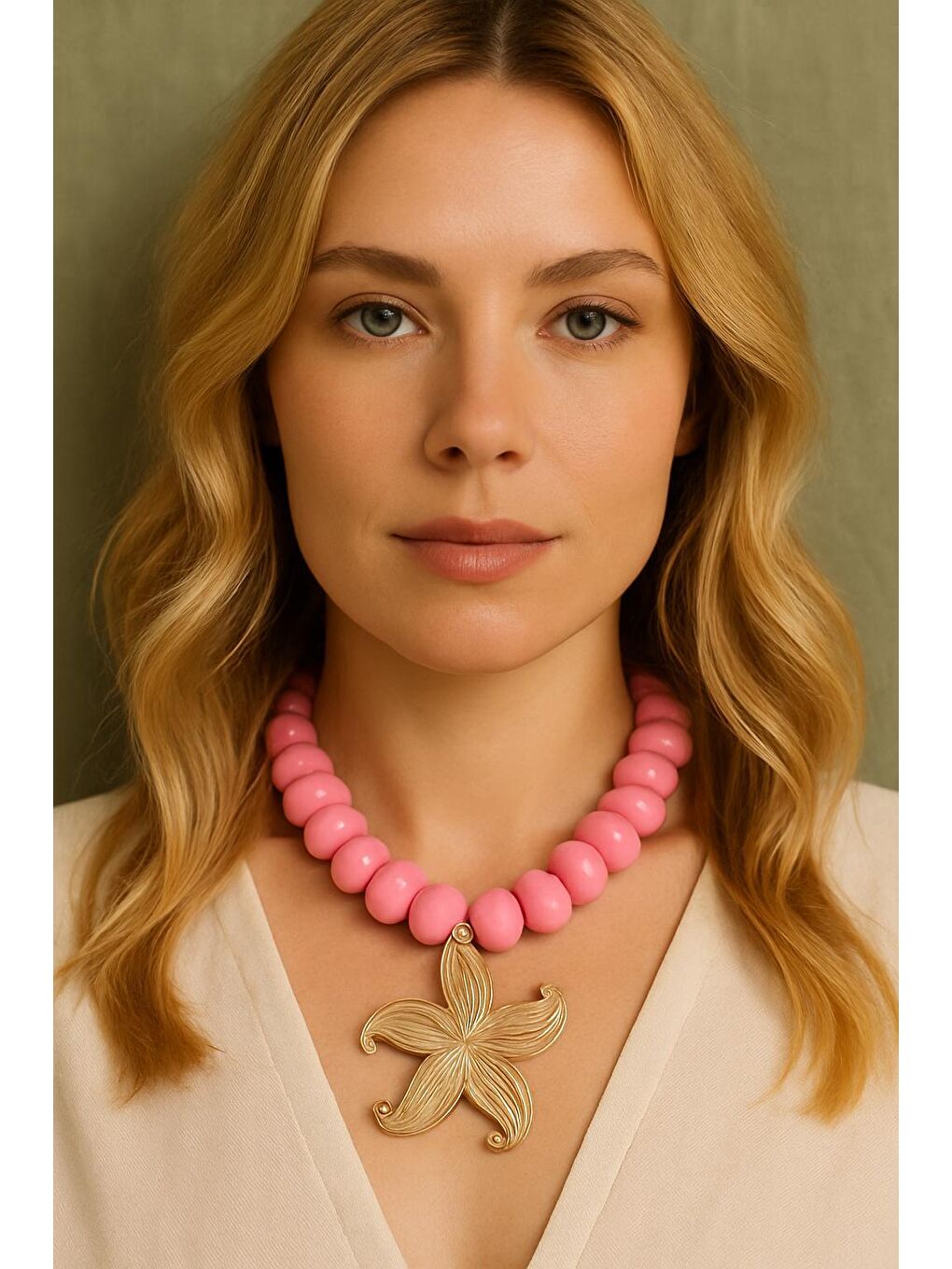 Pembe Deniz Yıldızı Uçlu Büyük Boncuklu Kolye-2