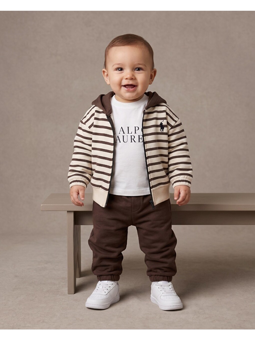 Kahverengi Erkek Bebek Kapüşonlu 3'lü Takım Fermuarlı Sweatshirt Eşofman Takımı-1