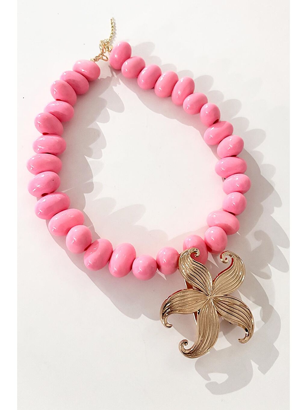 Pembe Deniz Yıldızı Uçlu Büyük Boncuklu Kolye-3