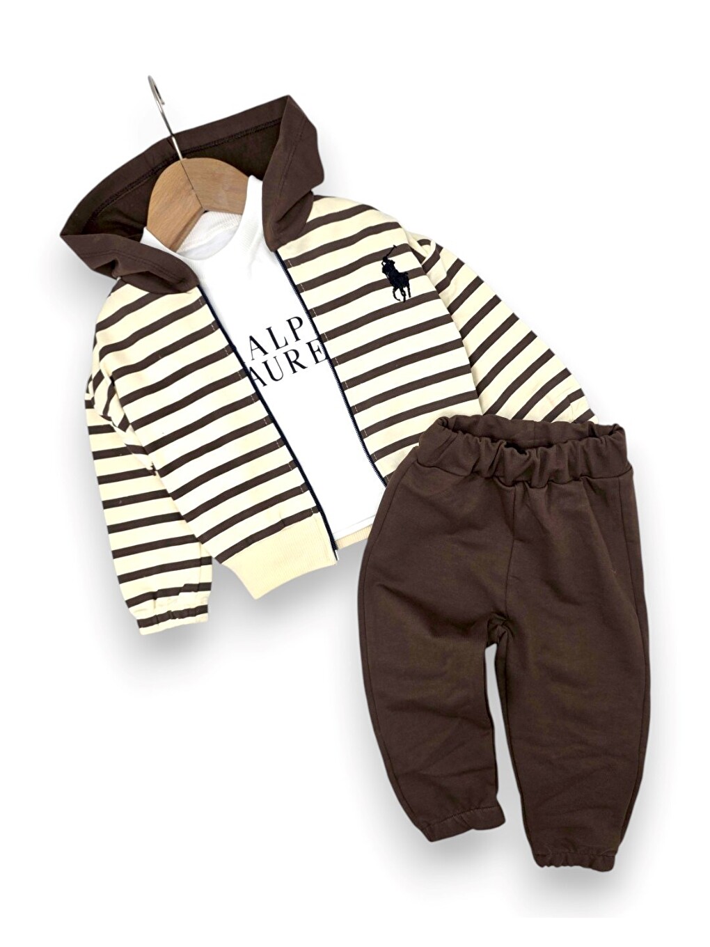 Kahverengi Erkek Bebek Kapüşonlu 3'lü Takım Fermuarlı Sweatshirt Eşofman Takımı-2