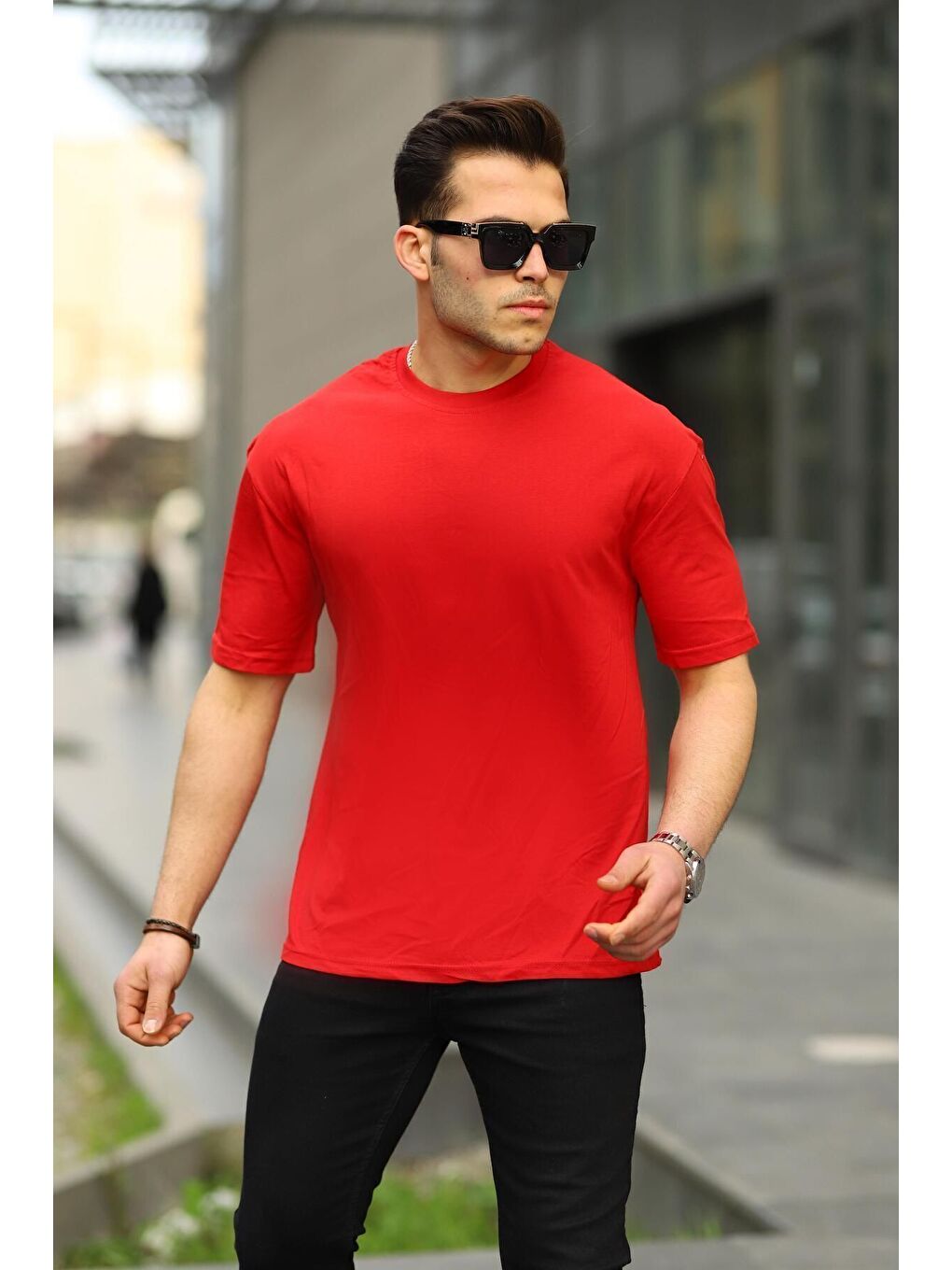 Kırmızı 3 Adet Erkek Yazlık Basic Kısa Kollu Oversize Tişört-5