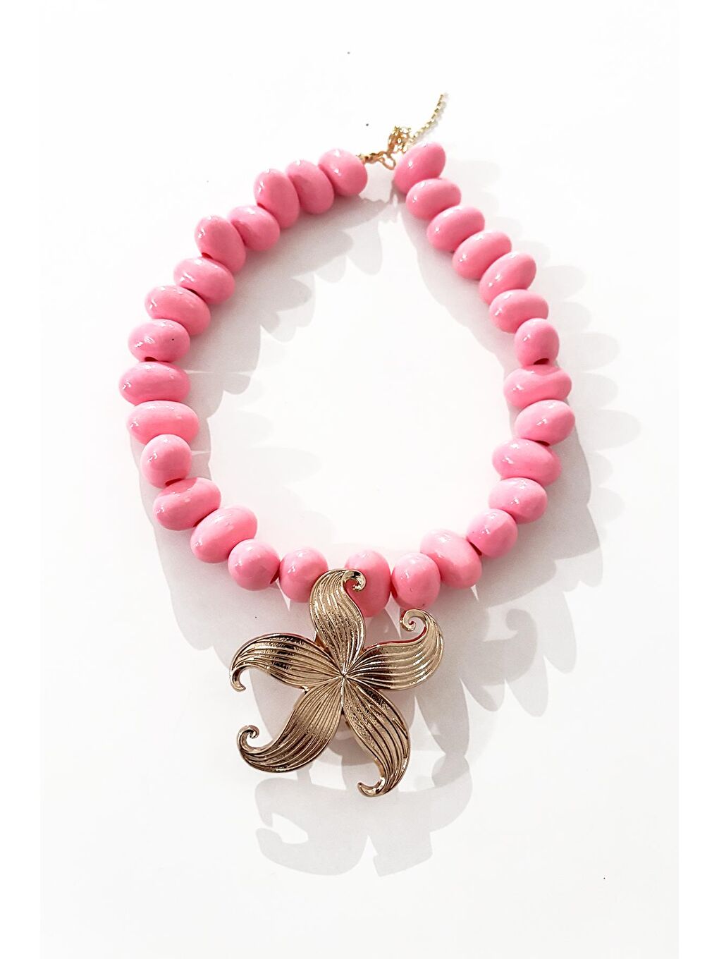 Pembe Deniz Yıldızı Uçlu Büyük Boncuklu Kolye-4