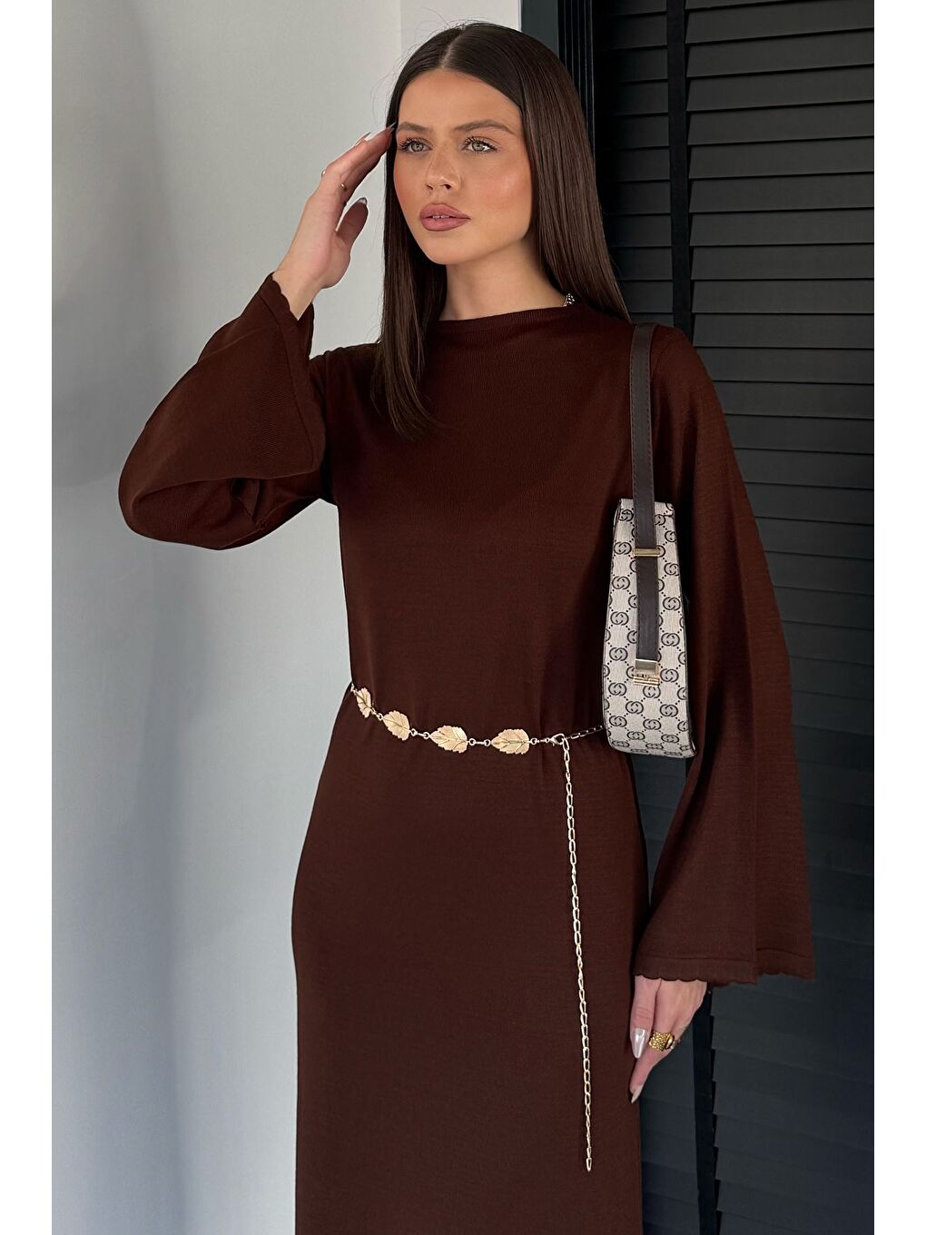 Kahverengi Bisiklet Yaka Metal Kemerli Triko Elbise-2