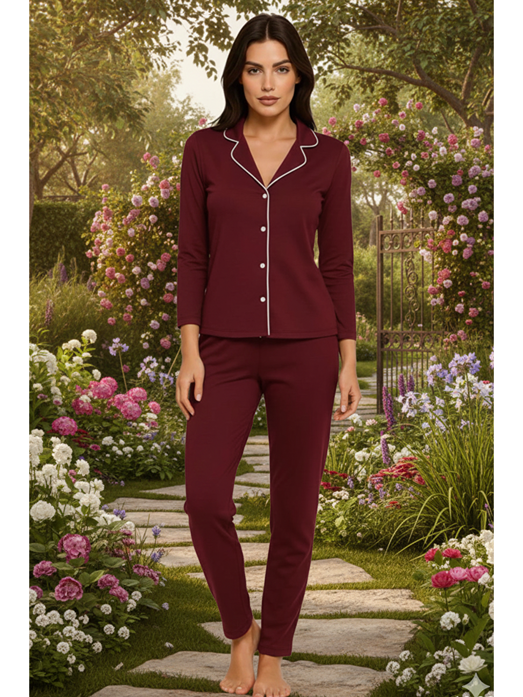 Kadın Pamuklu Süprem Önden Düğmeli Biyeli Pijama Takımı | Bordo 127