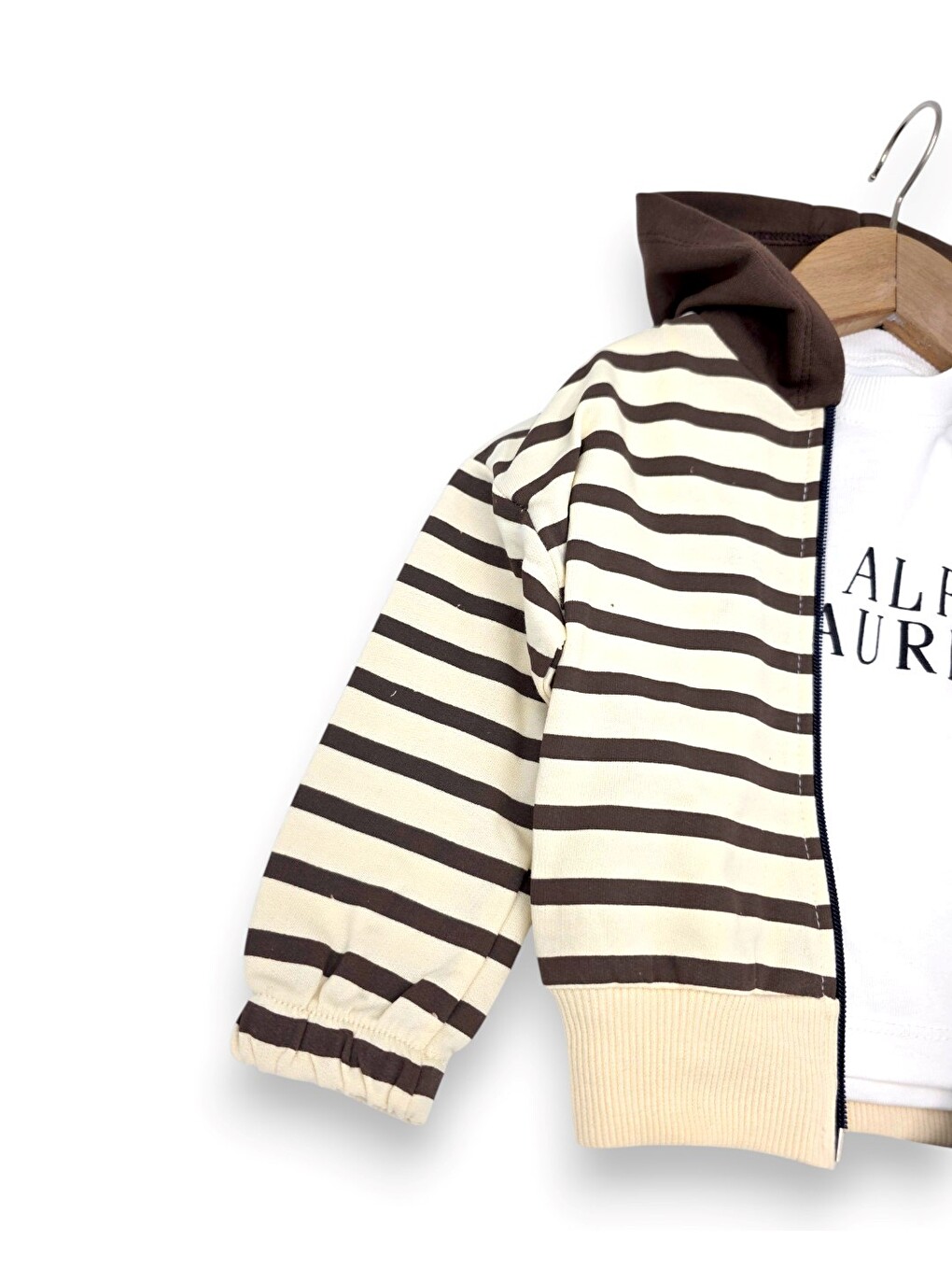 Kahverengi Erkek Bebek Kapüşonlu 3'lü Takım Fermuarlı Sweatshirt Eşofman Takımı-3