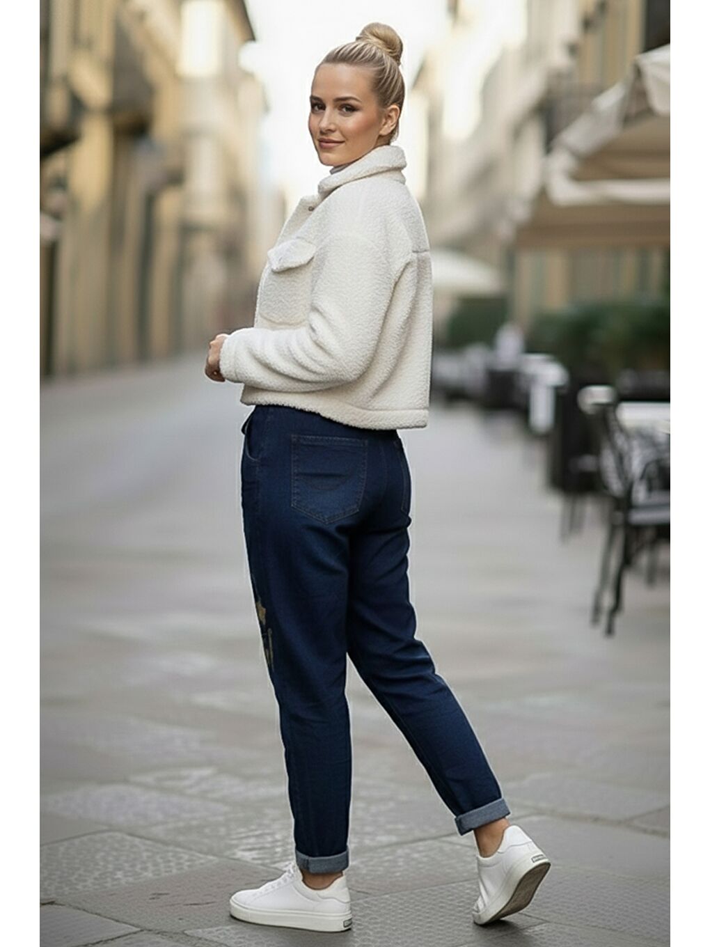 İtalyan Jean Mavisi Cepli Varak Baskılı Lastikli Ve Bağlamalı Bel Elastan Denim Pantolon 100 55-5