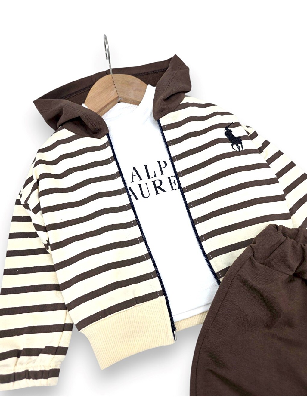 Kahverengi Erkek Bebek Kapüşonlu 3'lü Takım Fermuarlı Sweatshirt Eşofman Takımı-4